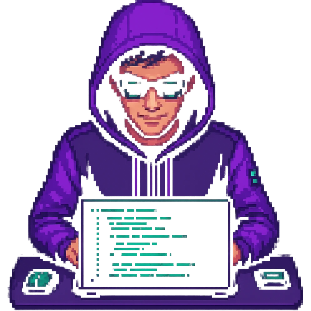 Make the pixel art hacker actively coding on a laptop, with glowing code on the screen, keep the pixel art style emoji