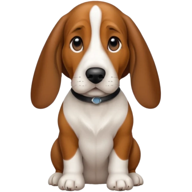 Basset hound with smaller ears, brown face black nose and black ears. White belly chest and feet emoji