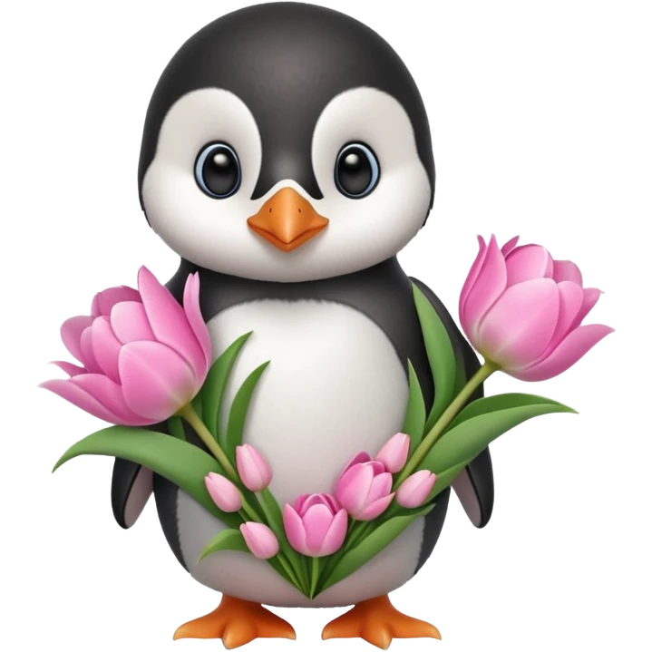 Cute baby penguin holding flower bouquet wraped in white paper and all flowers tulips in pink colour emoji
