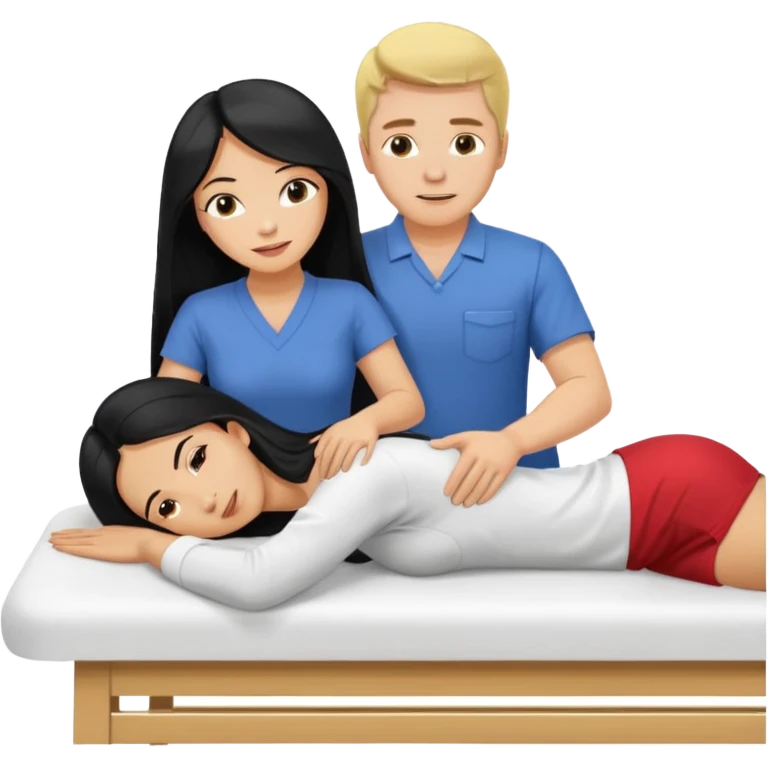 Philippines woman with long hair is on massage table. a blond white man is massaging her emoji
