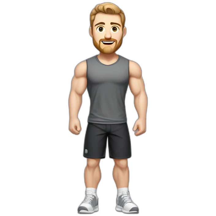 Full height Pale skinned fit man With biceps, Realistic eyes and mouth, light brown hair and stubble In dark gray sleeveless mike, black oversize sports shorts, watch and white sneakers. emoji