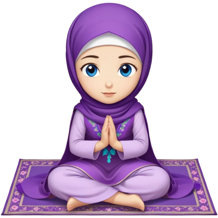 Turkish beautiful finish Konya girl blue eyes with purple flower hijab long tail dress and sits on the pray mat namaz on the ground with Islamic dua  emoji