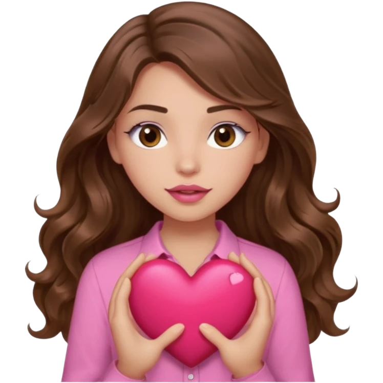 girl with long wavy brown hair, brown eyes, light to medium complexion, in a pink shirt, pink lips, long lashes, squeezing a big heart emoji