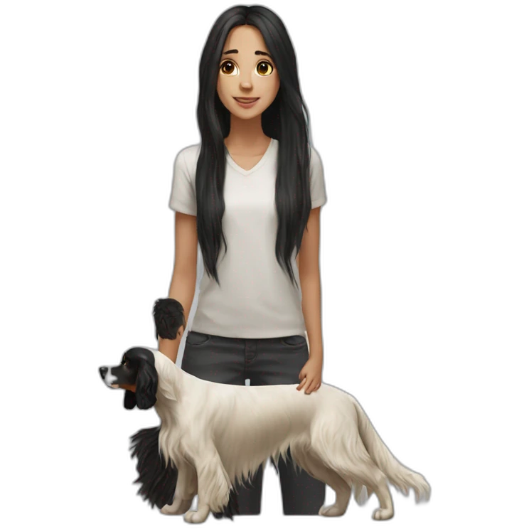 hyperrealist caucasian girl black long hair with brown english setter dog emoji