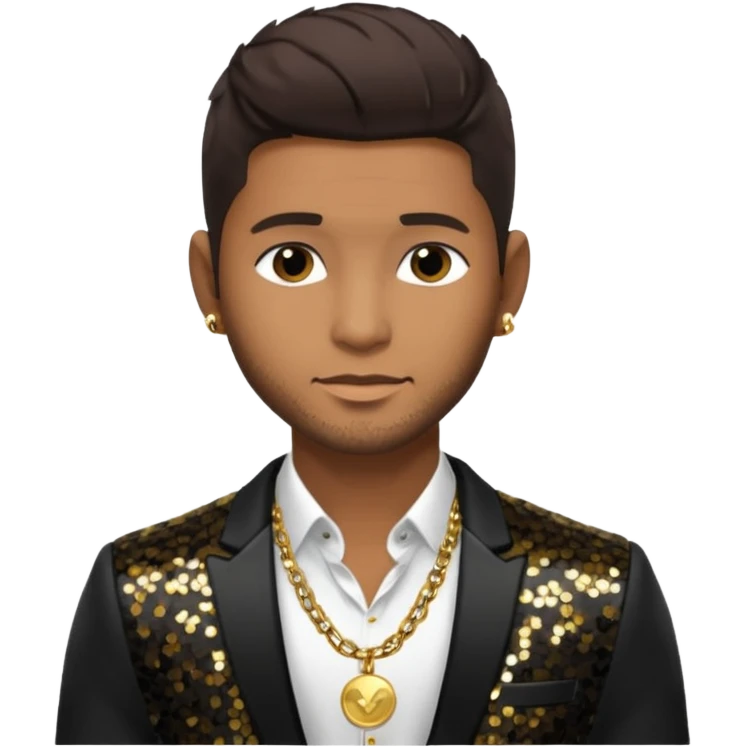 Usher with dark brown hair, black sequin suit jacket, shirtless with necklace emoji