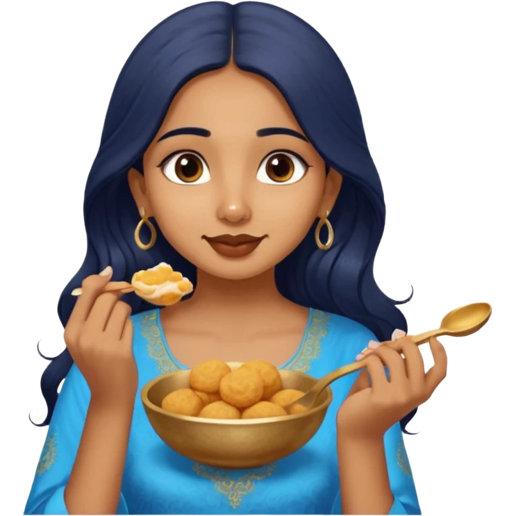 a pretty tan indian bratz girl. eyeliner on, wearing a blue kurti, eating golgappa. NO SPOON. wavy long BLACK coloured hair emoji