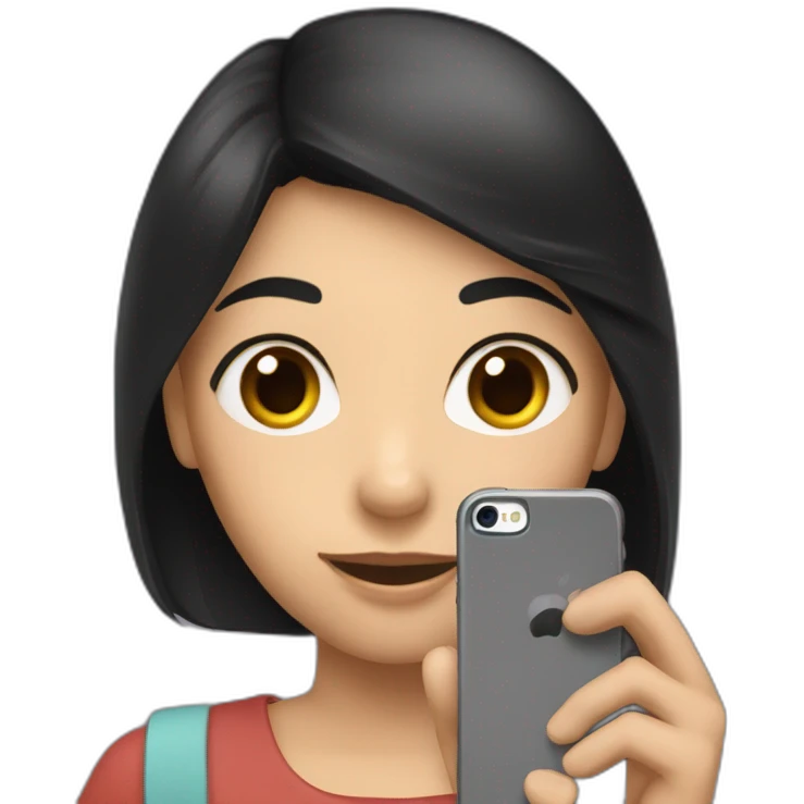 a girl with black hair holds a phone in her hands from which a woman’s hand comes out emoji