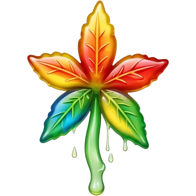 generate an emoji-style image of a juicy gummy shaped like a marijuana flower, make it colorful and with liquid dripping out emoji