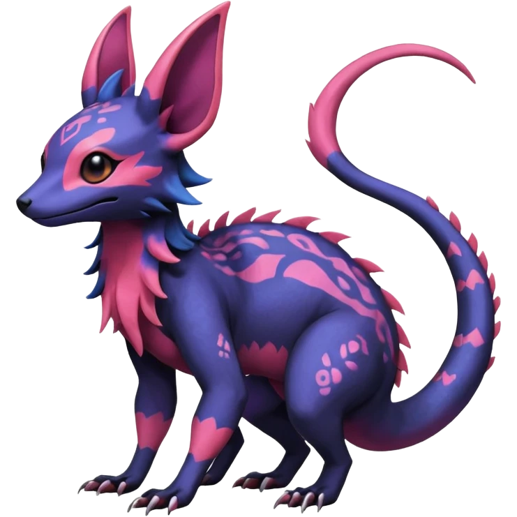 Rare epic aesthetic colorful Salandit-Noibat-Eevee-Genet-species-Fakemon-hybrid-creature, with markings, full body emoji