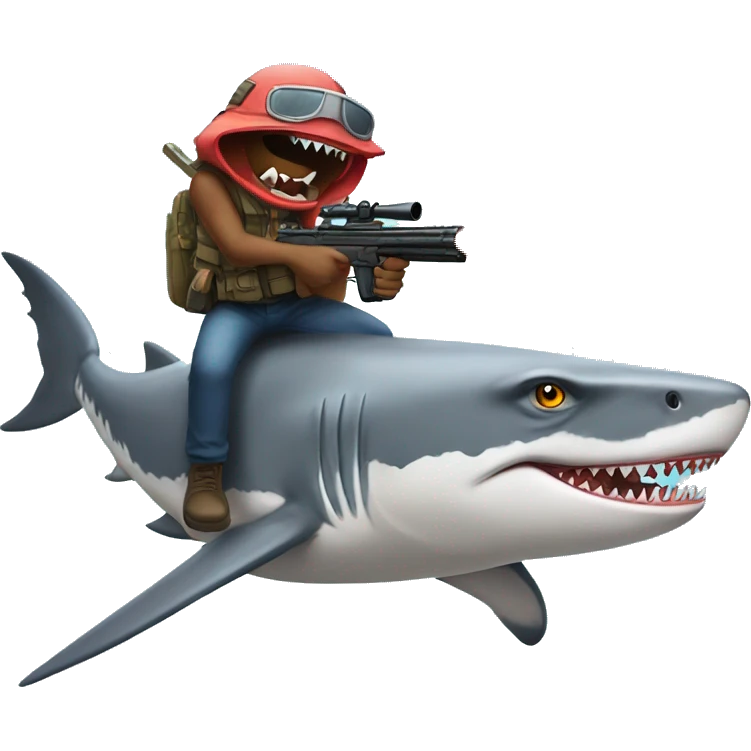 Raptor shooting laser guns while riding a shark emoji