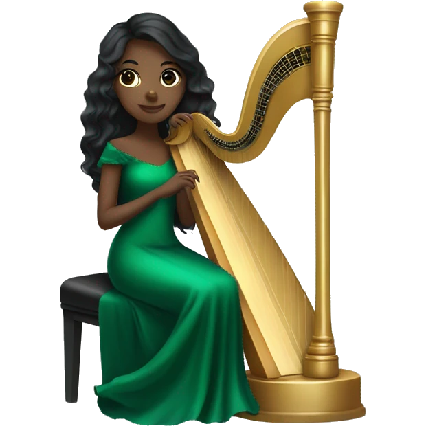 Pretty black girl with long jet black hair playing the harp while wearing an emerald green dress emoji