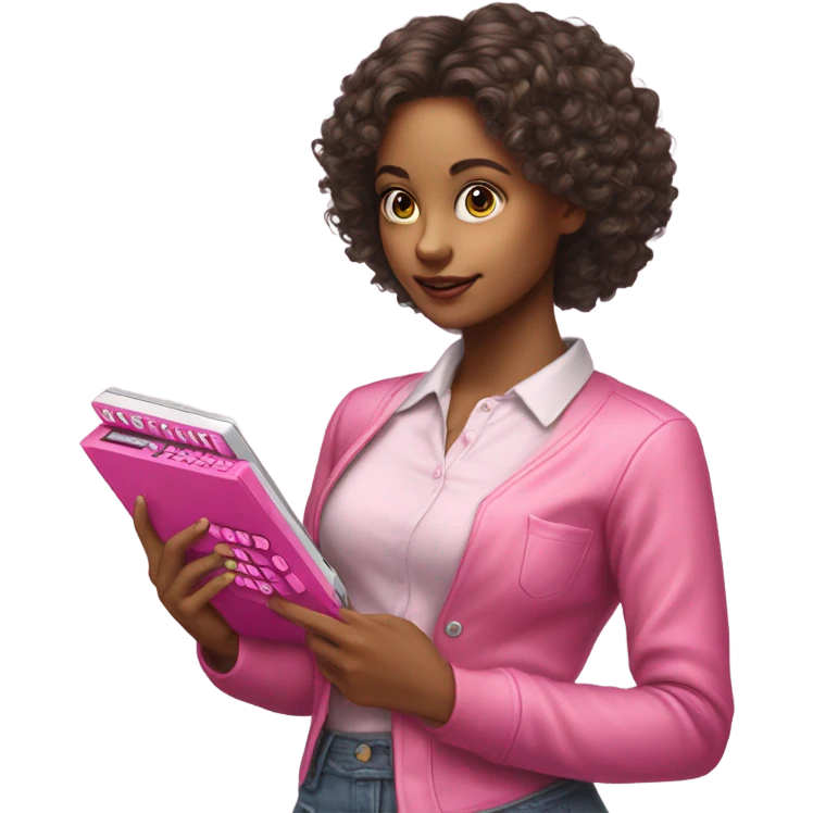 Hyper realistic pretty girl holding pink calculator emoji
