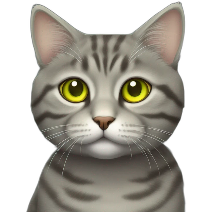 american short hair cat- tabby- a little bit fat- green yellow eyes- the distances between eyes is a little bit far- gray hair- fluffy- looks cute emoji