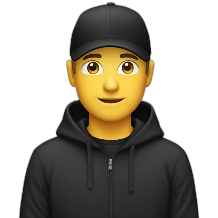 caucasian Designer wearing flat bill hat and black hoodie emoji