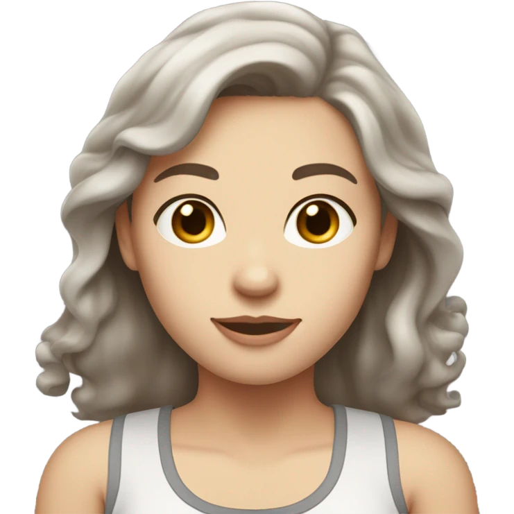 A white-skinned woman with slightly wavy brown hair below her shoulders, gray eyes, and a milky tank top emoji