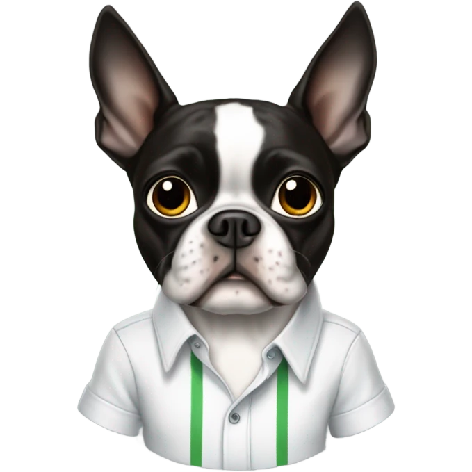 Boston terrier with a shirt that has a cricket on it emoji