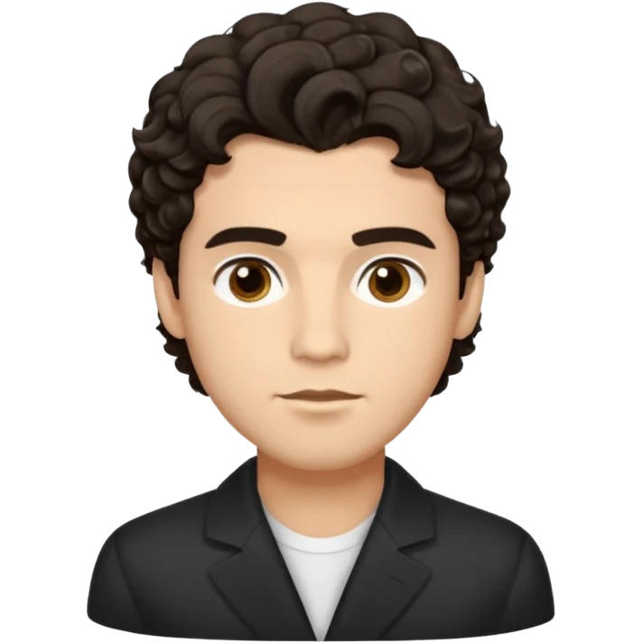 He’s a man with light to medium skin, a defined oval face, full brows, deep-set eyes, and wavy short dark brown tall puffy hair styled with height, sides are trimmed. expression calm and focused relaxed black open-collar .polished, articulate, and coach vibe. emoji
