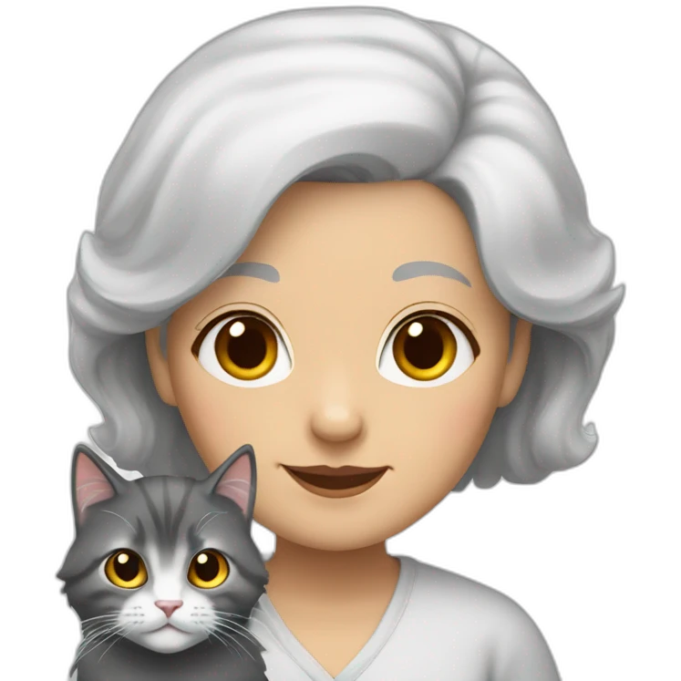 grandma with long black hair with white-gray siberian cat emoji