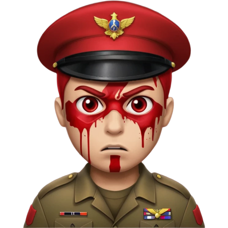 soldier with red skin tone, angry expression, blood splatter on left cheek emoji
