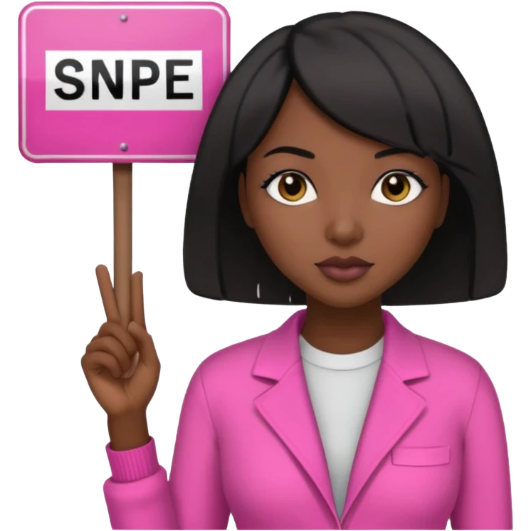 Dark skin woman with black bob in hair holding sign that says snipe  wearing pink outfit  emoji