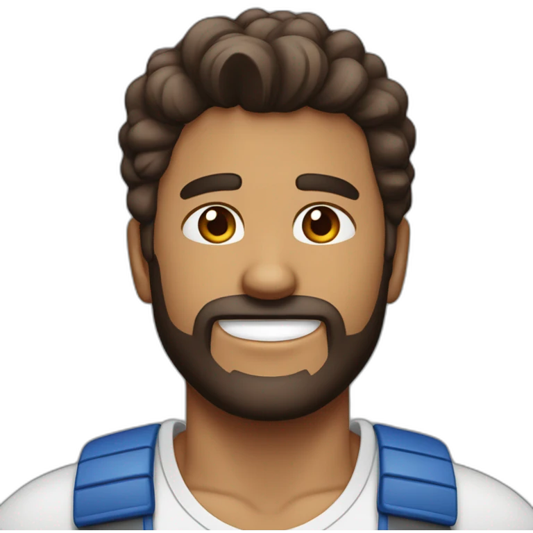 Chico color blanco con pelo corto marron sin barba y con abriculares y con remera azul y rojo emoji