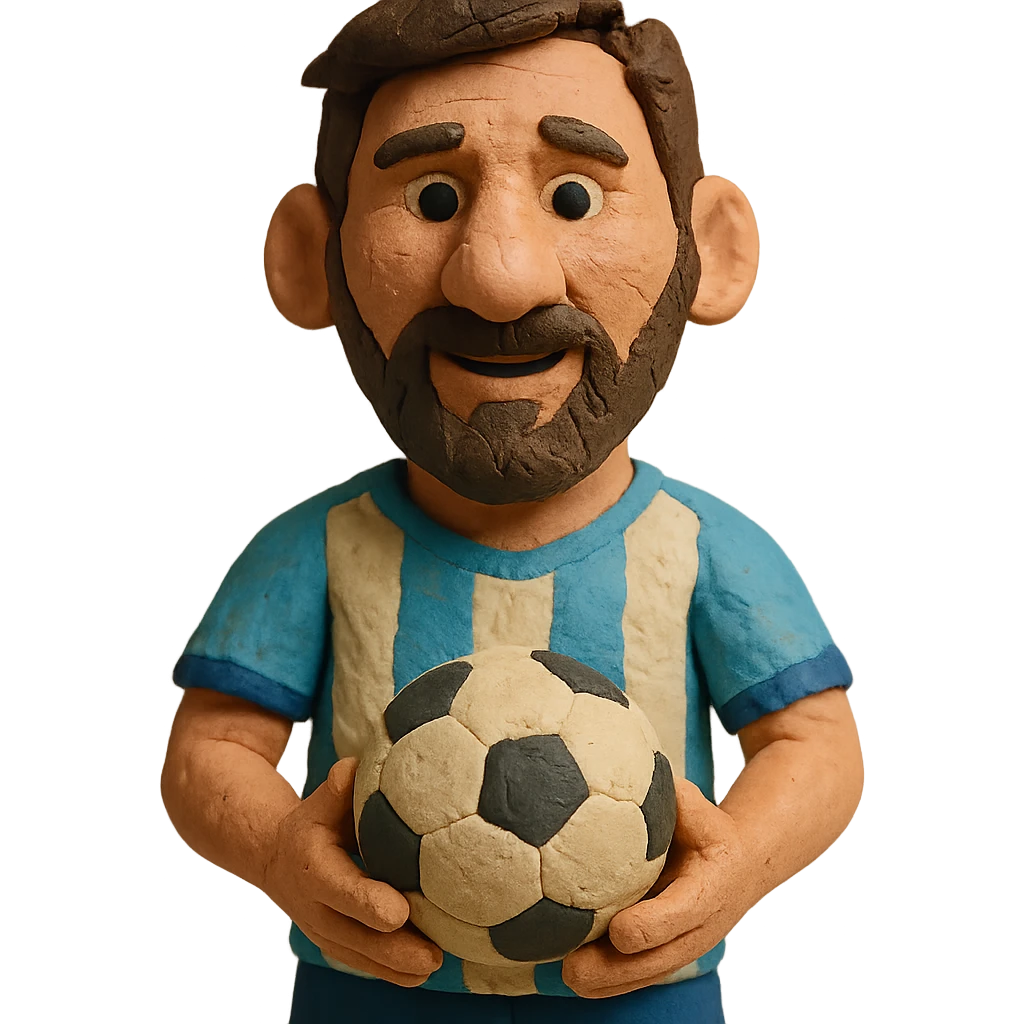 claymation style Messi holding a soccer ball emoji