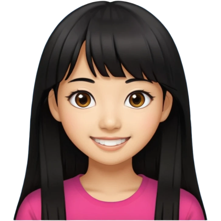 20 yr old asian woman hair  center part big eyes big smile tanned skin straight black hair center part hair long bangs emoji