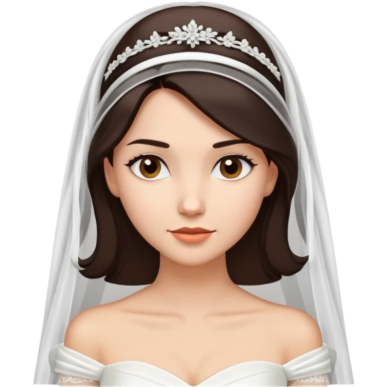 Braut mit glatten, dunkelbraunen kinnlangen Haaren und weißem schulterfreien Brautkleid mit Herzausschnitt. Sie trägt einen langen weißen Schleier am Hinterkopf. Die Haare trägt sie offen.  emoji