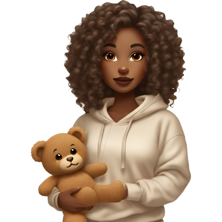 Beautiful black woman with long waste length curly hair with brown highlights, in a cozy sweatsuit in cream color and she is holding a teddy bear in brown, girl wearing makeup long lashes thick glossy lips emoji