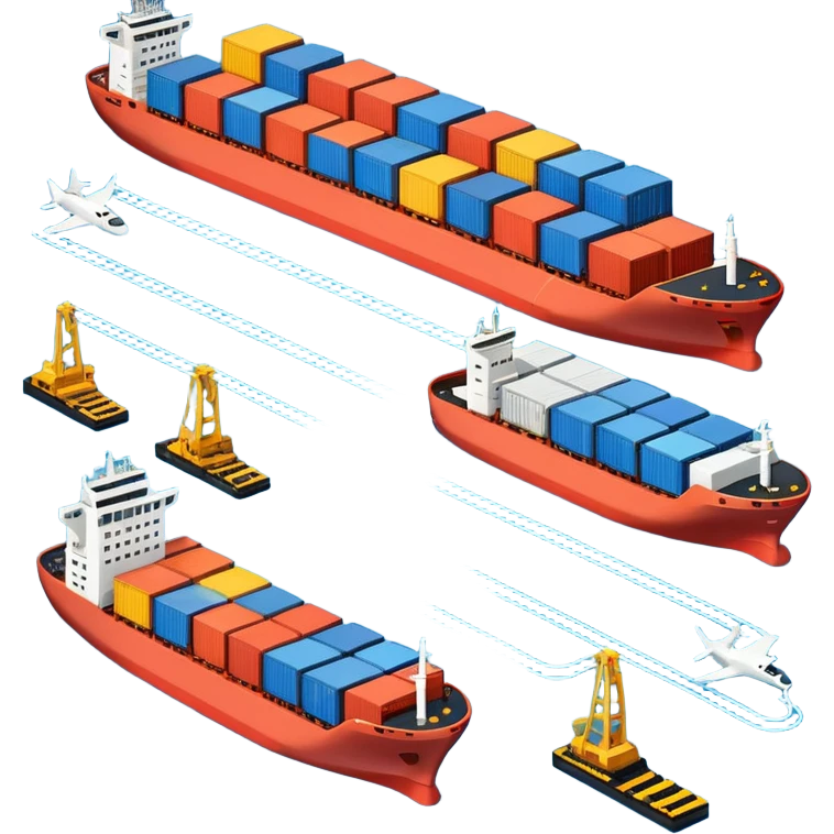 emoji in apple style showing supply chain as a sequence of clear symbols: cargo ship, truck, industrial factory, all elements side by side connected by lines, friendly colors, neutral background, top-down view emoji