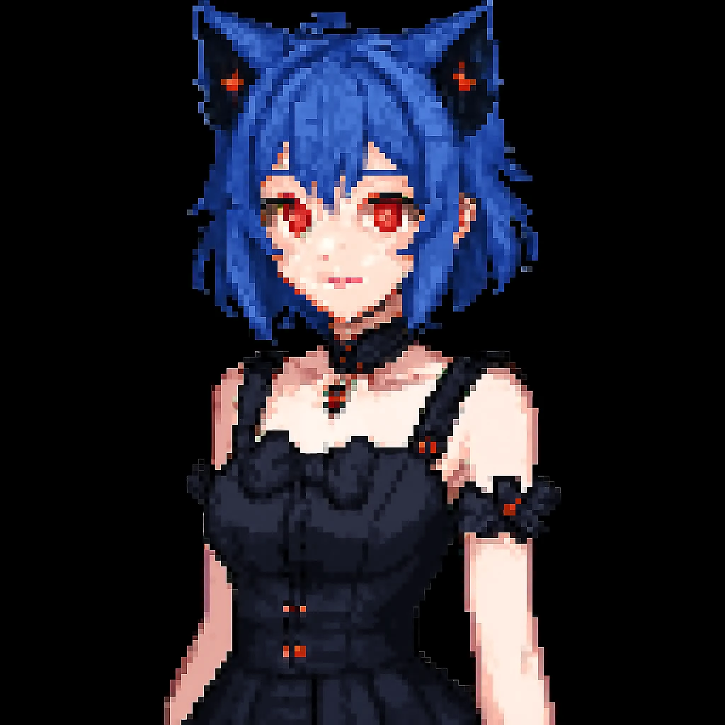 Change hair color to blue, keep all other gothic neko girl features the same, in pixel art style. Maintain pixel art aesthetic and details. emoji