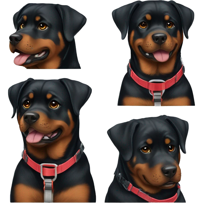 A pretty and happy Rottweiler female with a red harness emoji