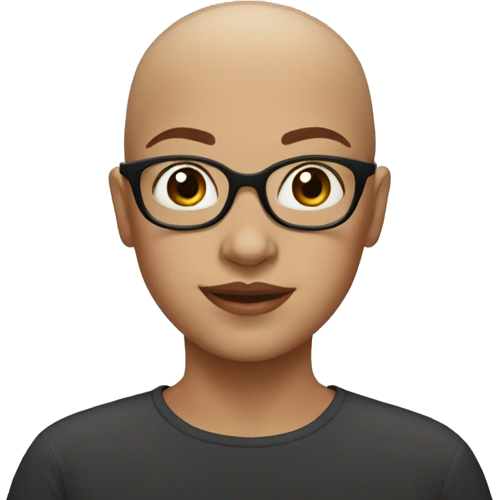 Bald girl with brown eyes, with big oval glasses  emoji