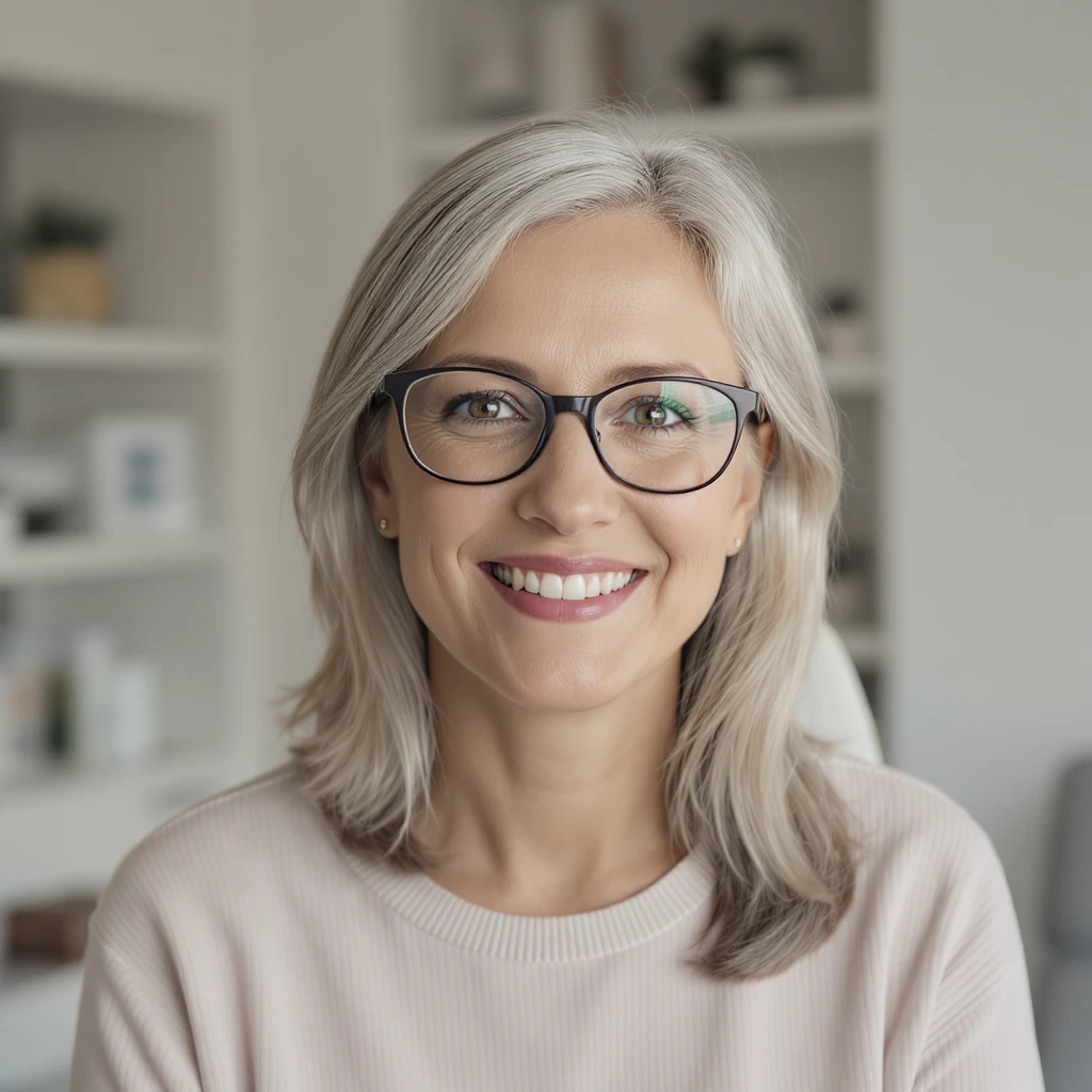 Medium shot, Cinematic still of a smiling european white woman with glasses smiling, minimalistic ophthalmologist interior in background, leading  lines, rule of thirds emoji