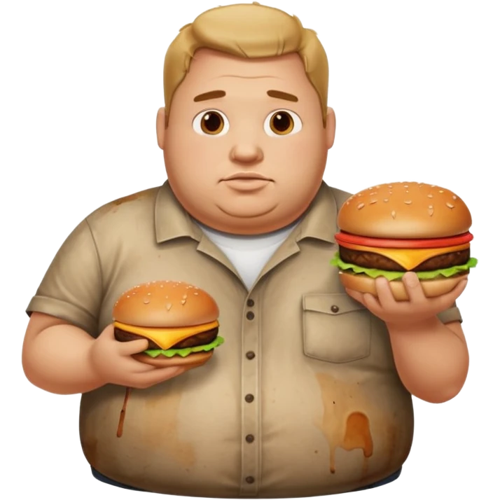 fat man with a shirt that doesn't fit him and has grease stains, holding a burger emoji