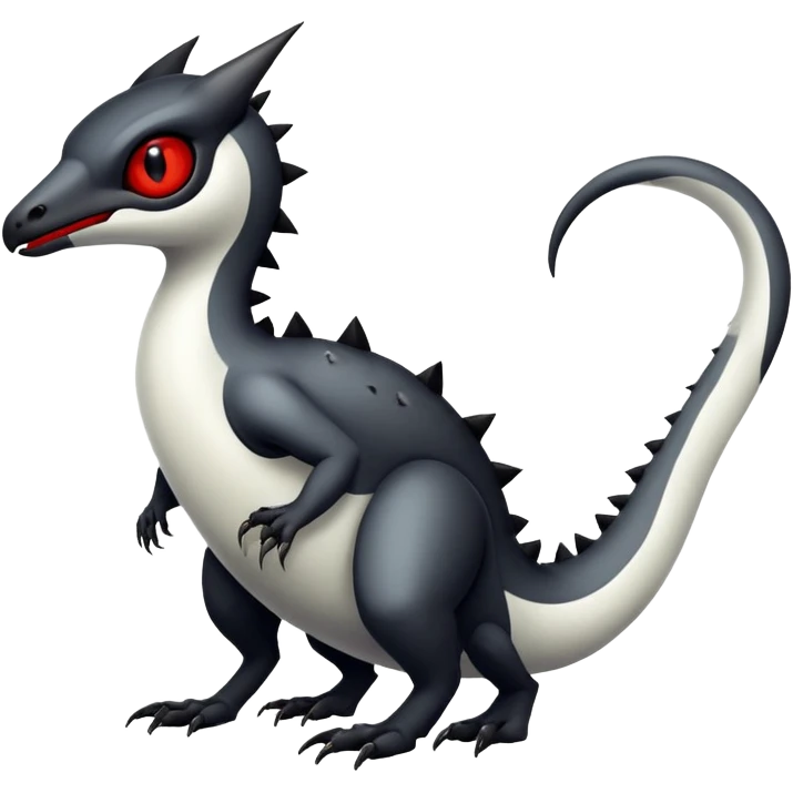 a white exotic edgy vernid-fionbr-Fakémon-creature, with black belly and red eyes, full body emoji