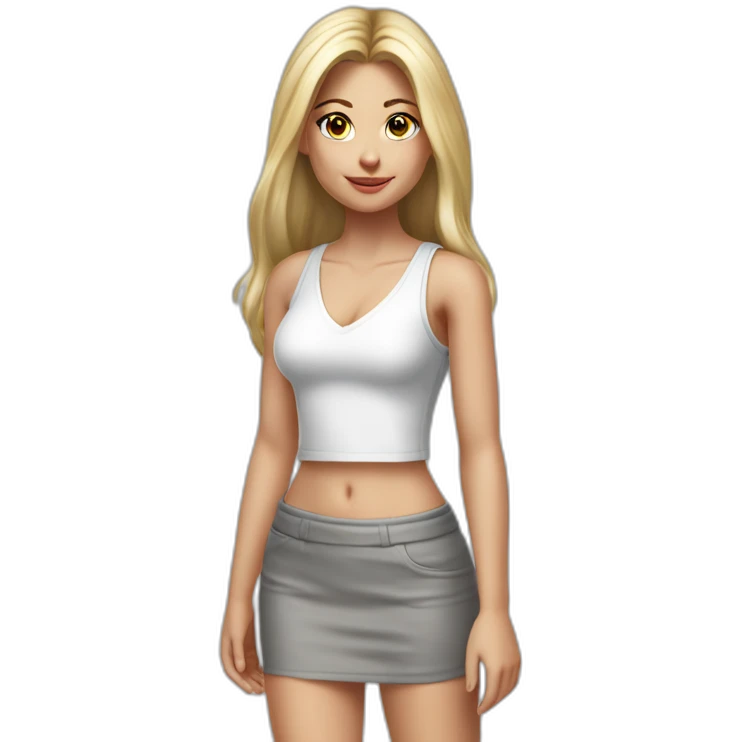 hyperrealistic caucasian blonde, long straight hair, white deep v-neck crop tanktop, gray tight mini skirt, walking body view emoji