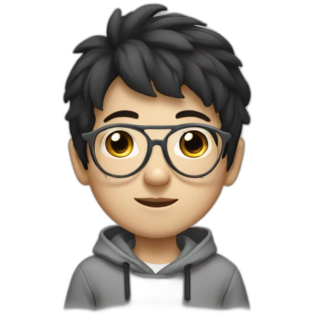 young boy with korean style black hair / big nose/ grey hoody / white glasses / white glasses emoji