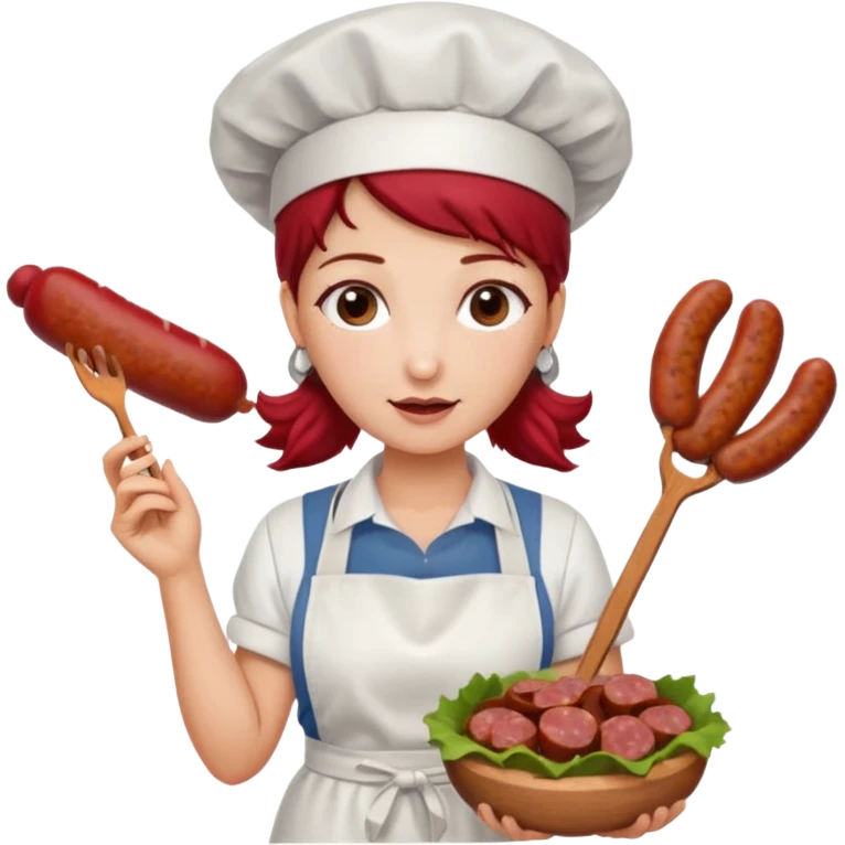 Charcutera con un chorizo y embutido en la mano con una redecilla en el pelo y delantal blanco y añade mucha carne alrededor emoji