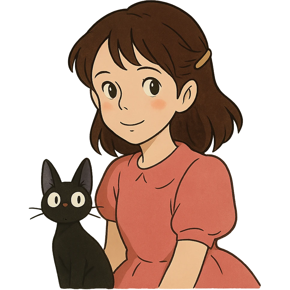 ghibli style character with dark brown hair clipped back with a hairpin, sweet eyes, pink dress, cat companion emoji