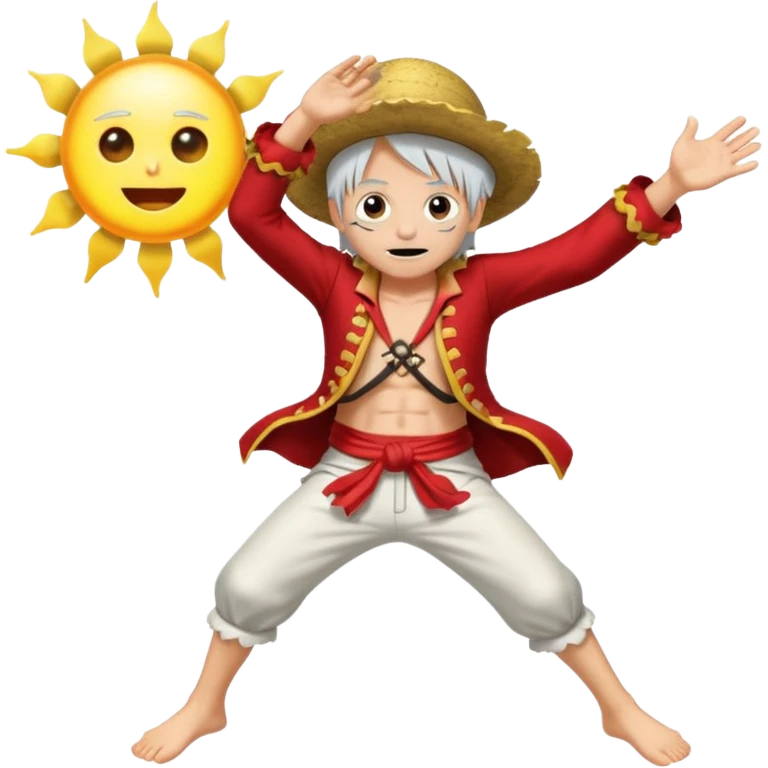 the king of the pirates (luffy) with white hair and clothes jumping in front of the sun emoji