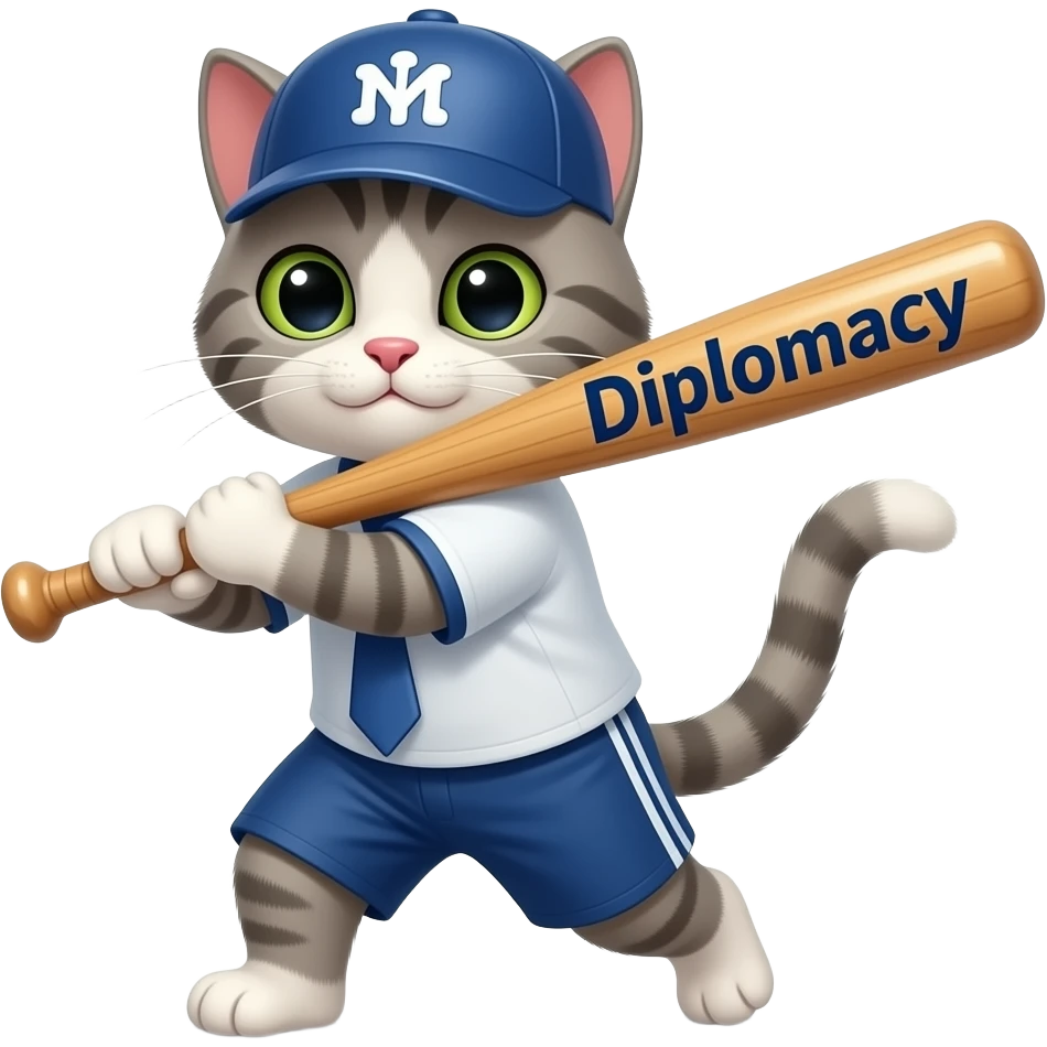 Cat swinging a base ball bat text on bat Diplomacy emoji