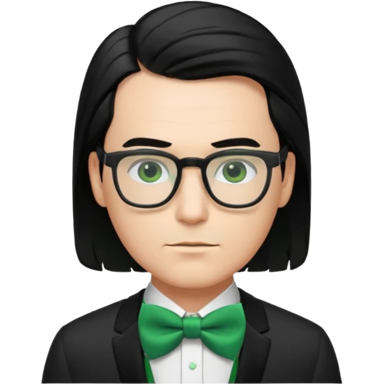 A male nerd with glasses and shoulder length black hair slicked back and wear Green Bow Tie emoji