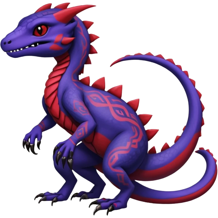 Rare warm-colored exotic gloomy tropical edgy cute epic aesthetic spooky indigo purple white black red gothic colorful Salandit-charmeleon-sergal-species-Fakemon-hybrid-creature, with tribal tattoo markings, full body emoji
