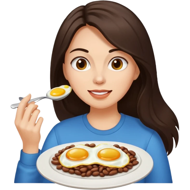 Mujer de pelo cafe oscuro y largo, y tez blanca comiendo huevo frito con frijoles emoji