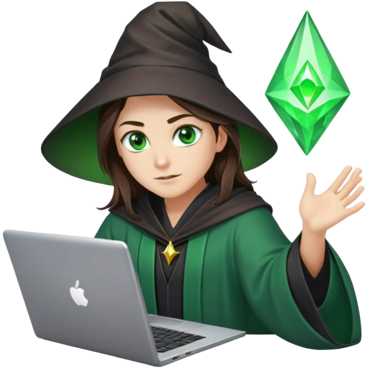 wizzard brunette hair on slickback, green eyes, dark robe green aura coding on laptop emoji