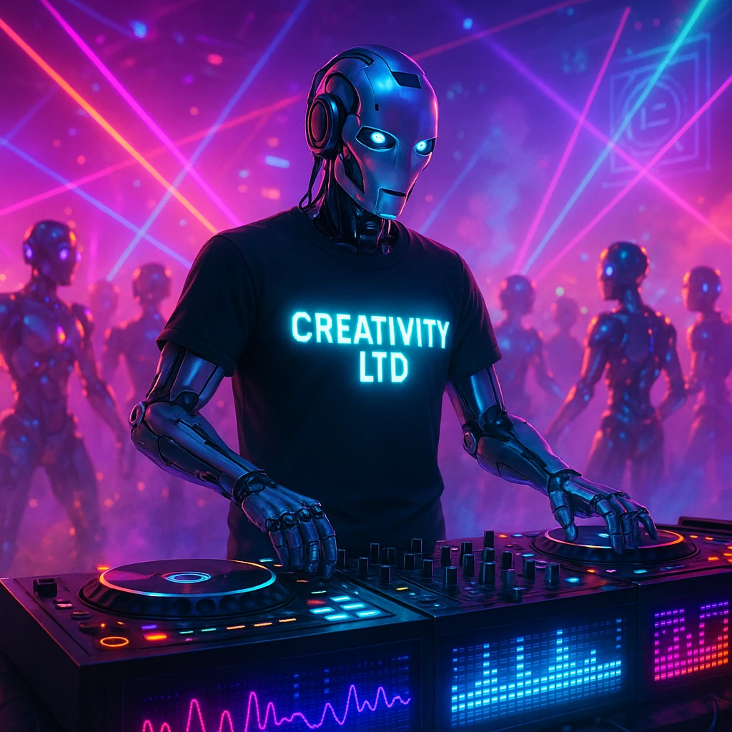 futuristic humanoid robot DJ performing at a vibrant robot party, wearing a black t-shirt with glowing 'CREATIVITY LTD' text, sleek DJ booth with LED panels pulsing waveforms, surrounded by neon lights, lasers, smoke, robots dancing with metallic silhouettes glowing in colorful lights, holographic displays and advanced tech creating energetic immersive atmosphere, glowing t-shirt highlighting individuality and creativity emoji