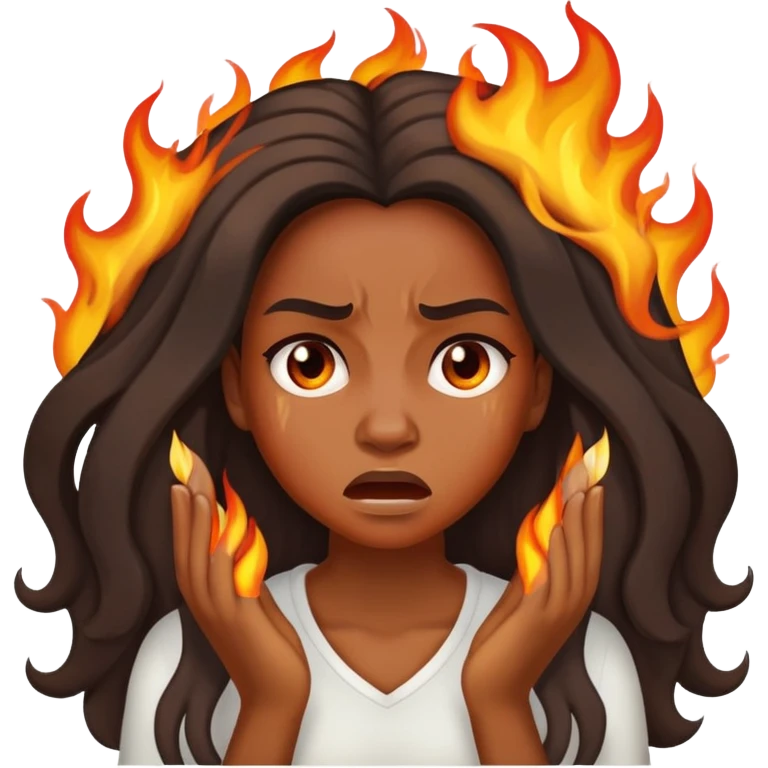 African American woman with long hair, frustrated face expression, with her hair on fire emoji