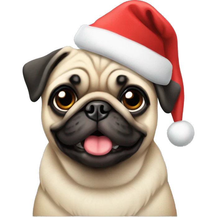 A pug with a christmas hat emoji