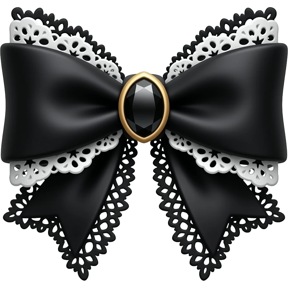 3D emoji gothic bow, black velvet, white filigree, black lace trim, black gem, elegant emoji